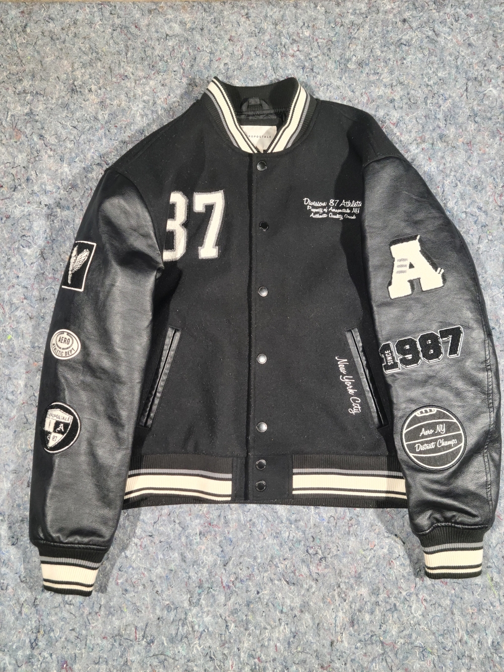 Aeropostale Varsity Jacket Mens M Black Faux Leather Sleeve Patch Letterman 1987